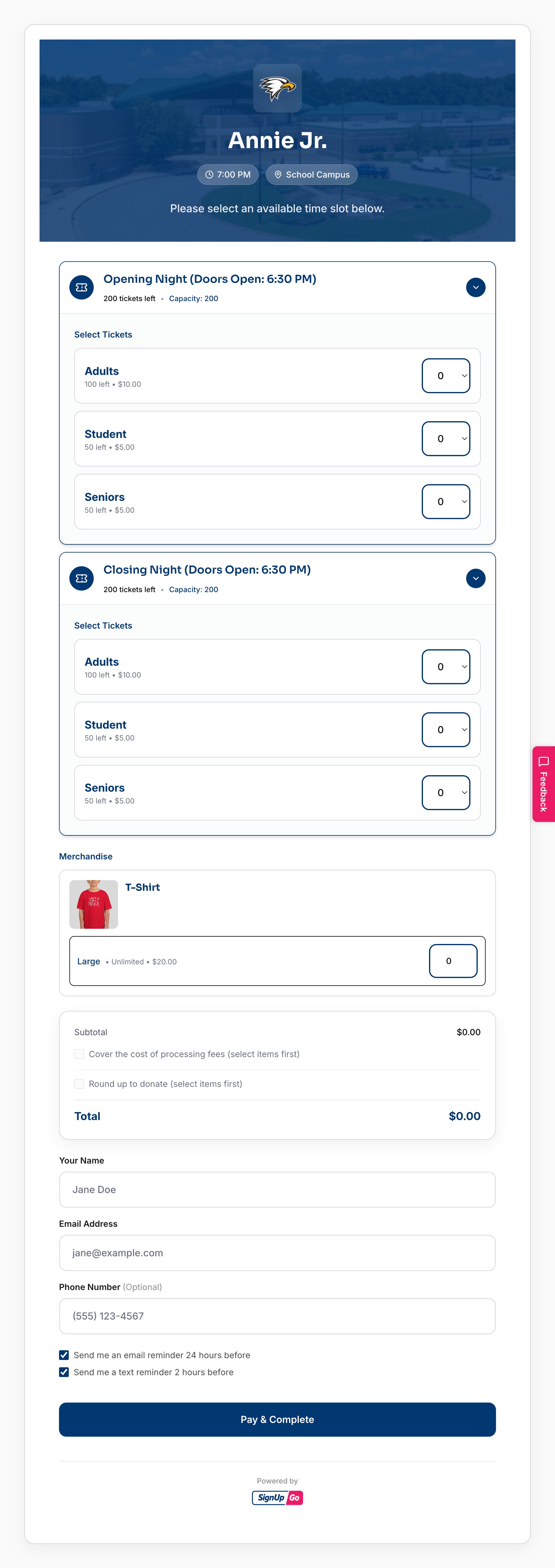 SignUpGo Ticket Checkout Page