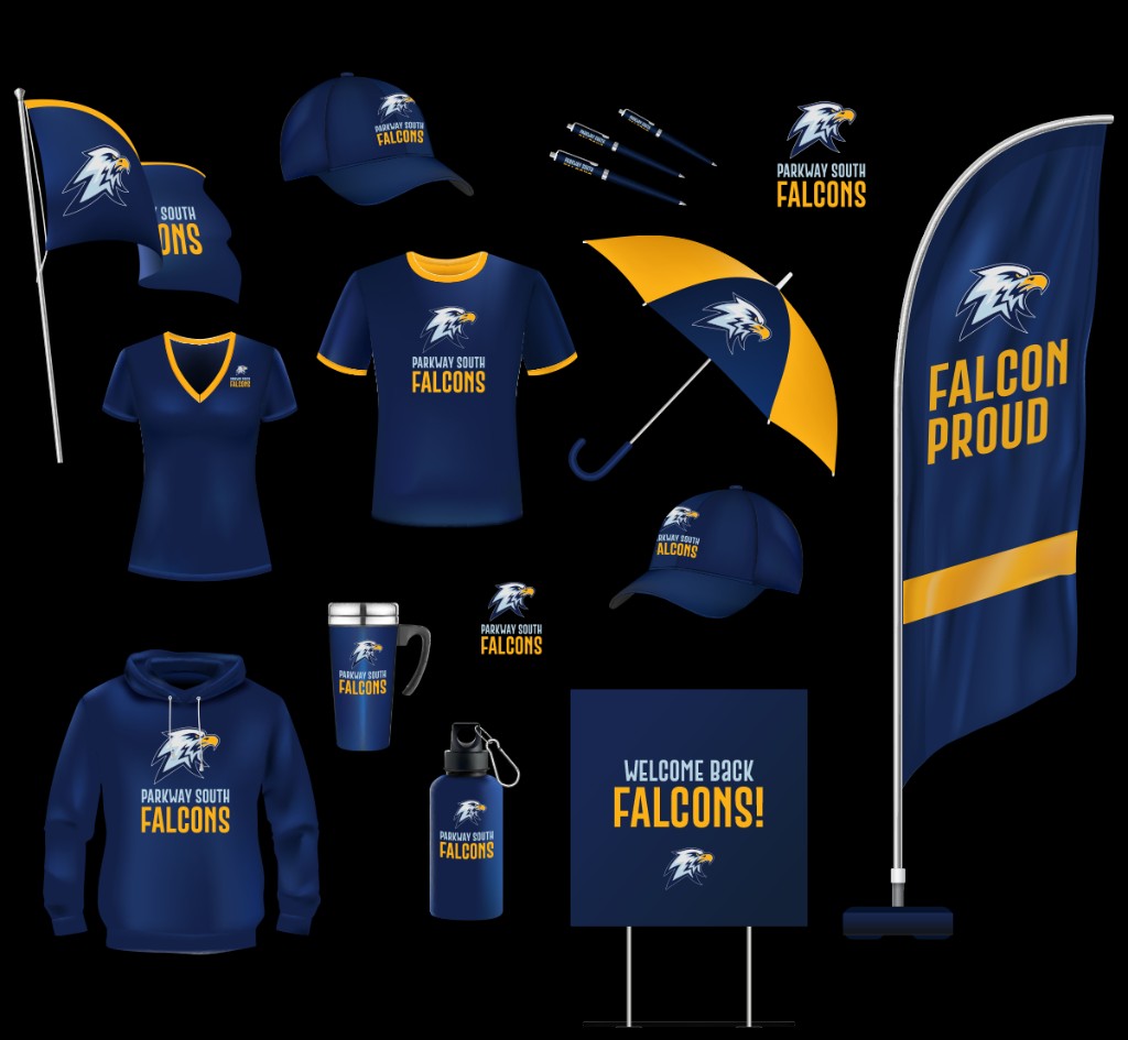 Parkway South Falcons spirit identity — full package showing mascot logo, navy and gold color system, flag, feather flag, hats, tees, v-neck, hoodie, umbrella, travel mug, water bottle, pens, stickers, and welcome-back standee.